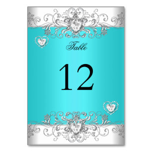 Table Number Teal Blue Wedding Silver Diamond