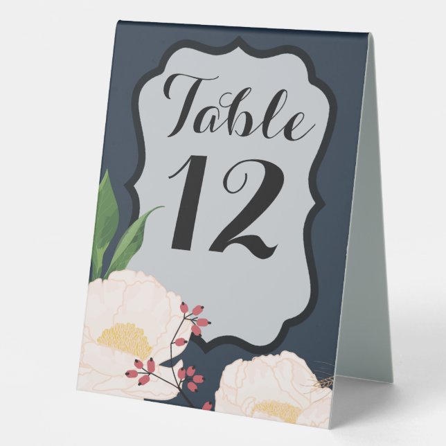 Table Number Tent Card Baby Pink Cosmos on Navy (Front)