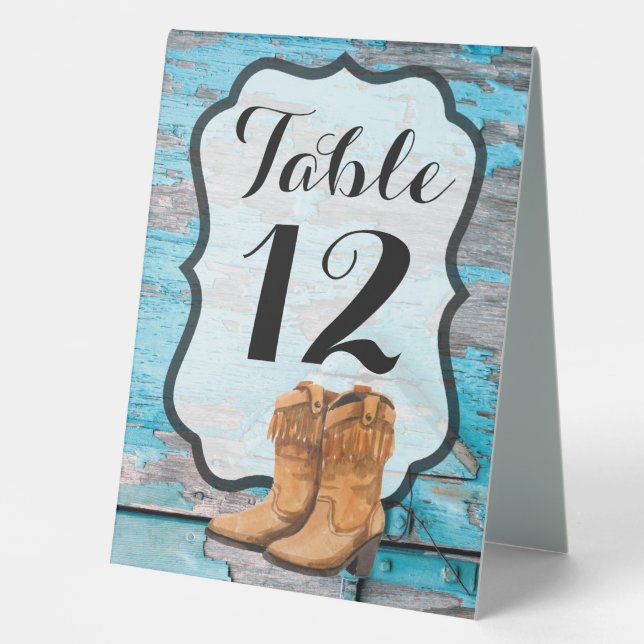 Table Number Tent Card Blue Wood Barn Door Boots (Front)