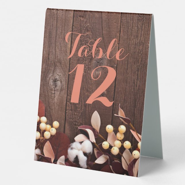 Table Number Tent Card Cotton Branch on Dark Wood (Back)