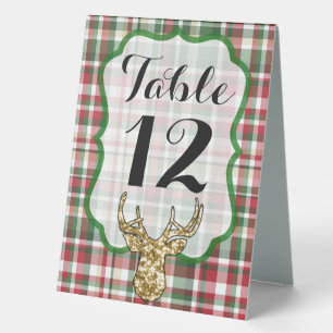 Table Number Tent Card Gold Glitter Reindeer Plaid