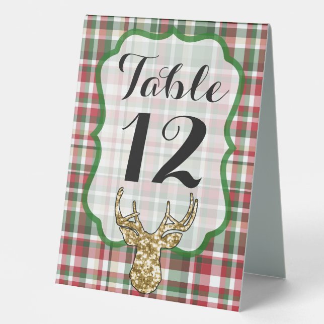 Table Number Tent Card Gold Glitter Reindeer Plaid (Front)