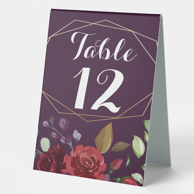 Table Number Tent Card Plum Purple Roses Gold Geom (Front)