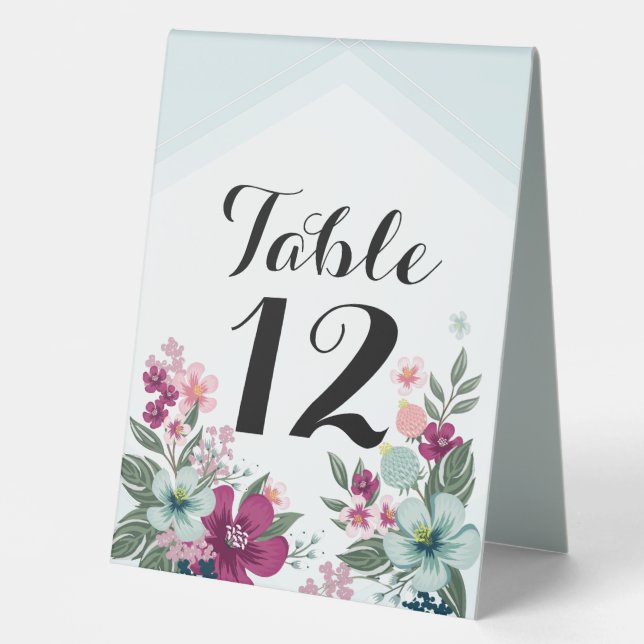 Table Number Tent Card Tropical Flowers on Blue Om (Front)