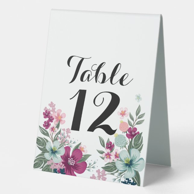 Table Number Tent Card Tropical Flowers on White (Front)