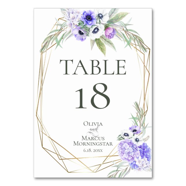 TABLE NUMBER | Watercolour  Violet Anemone Floral (Front)