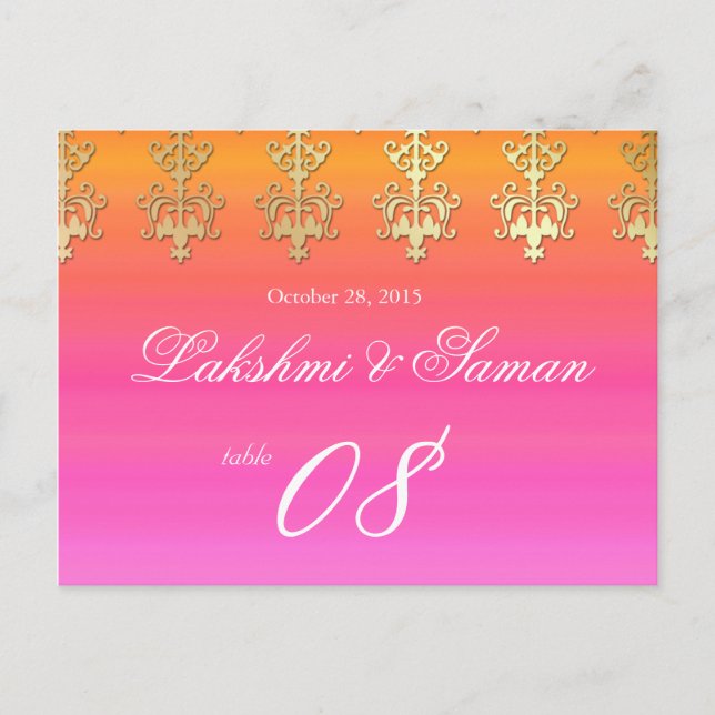 Table Number Wedding Postcard Pink Orange Indian (Front)
