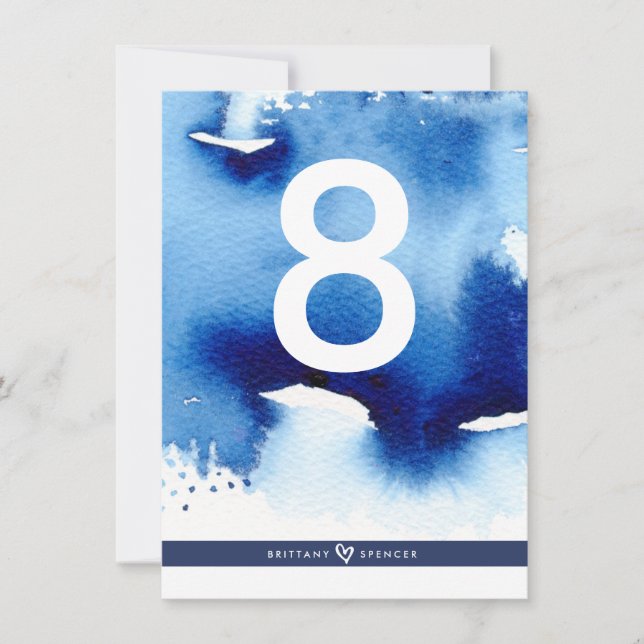 TABLE NUMBER wedding stylish dark blue watercolor (Front)