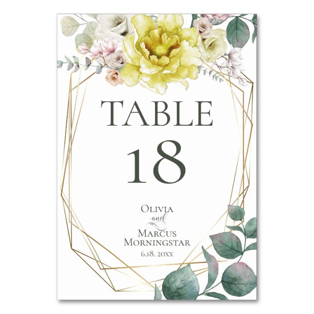 TABLE NUMBER | Yellow Watercolor Peony Flowers (Back)