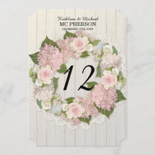 Table Numbers Pink Hydrangea Rose Lace Rustic Wood
