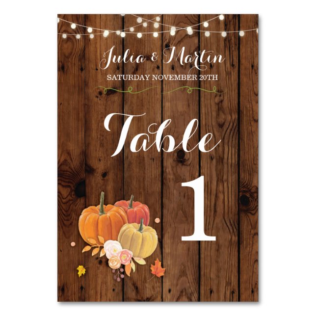 Table Numbers Wedding Pumpkin Rustic Wood Card (Front)