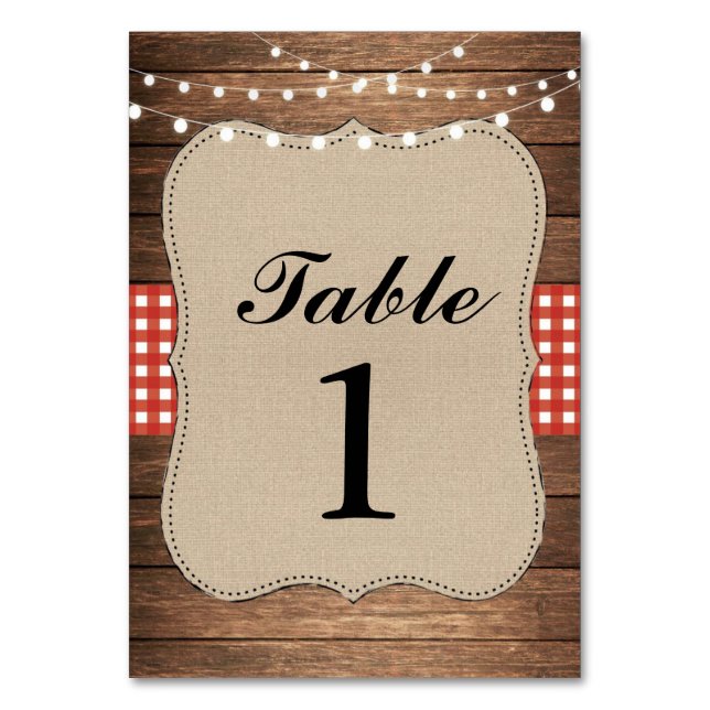 Table Numbers Wedding Wood Red Rustic Burlap Cards (Front)