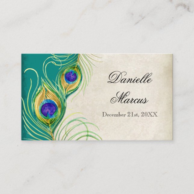 Table Place Card  - Peacock Feathers Teal Blue (Front)