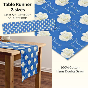 Table Runner Add Names Cobalt Blue White Roses
