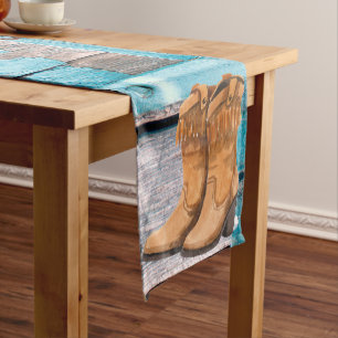 Table Runner Blue Wood Barn Door Boots Country Rus