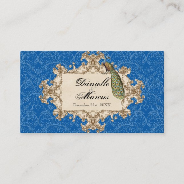 Table Seating - Blue Vintage Peacock & Etchings Place Card (Front)