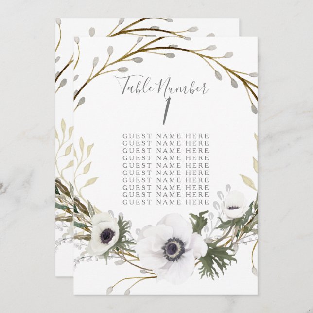 Table Seating Card Anemone Fern Wreath Wedding (Front/Back)