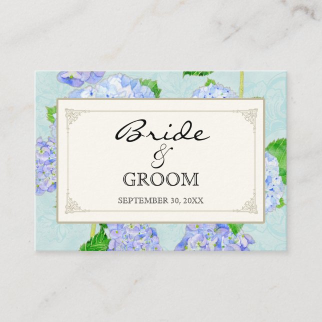Table Seating Escort Blue Hydrangea Lace Floral Place Card (Front)