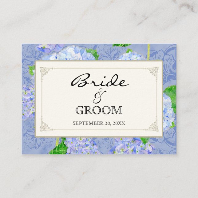 Table Seating Escort Blue Hydrangea Lace Floral Place Card (Front)