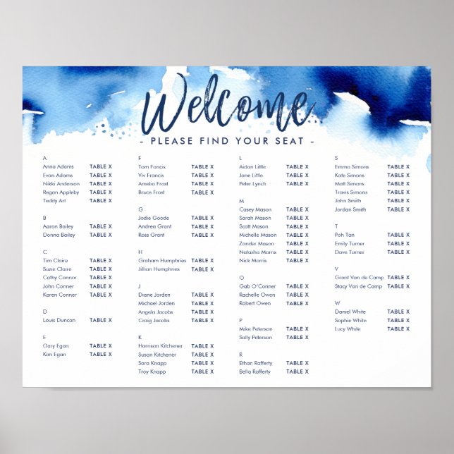 TABLE SEATING PLAN CHART modern blue watercolor (Front)