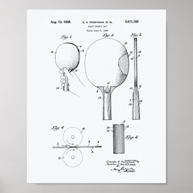 Table Tennis Bat 1935 Patent Art White Paper Poster (Front)