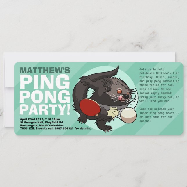 Table Tennis Bearcat Ping Pong Binturong Cartoon Invitation (Front)