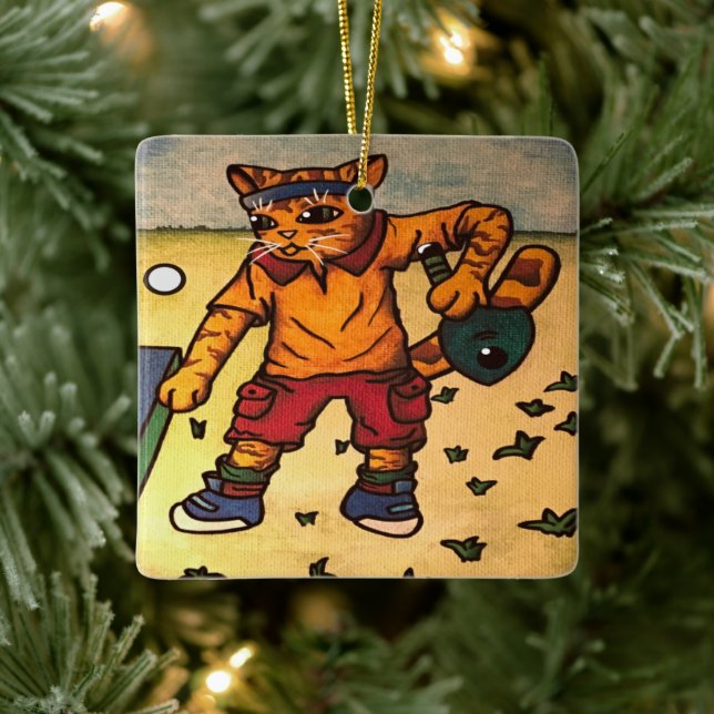 Table Tennis Ping-Pong Cat Ceramic Ornament (Tree)