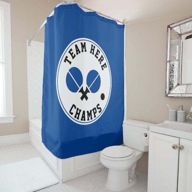 table tennis ping-pong champs, black blue shower curtain (In Situ)