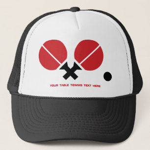 Table tennis ping-pong rackets and ball black, red trucker hat