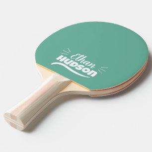 Table Tennis Player - White Name on Teal Blue Ping Pong Paddle