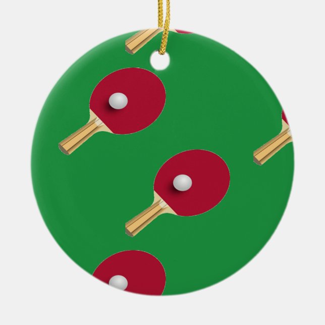Table tennis racket and ball on green ceramic tree decoration (Front)