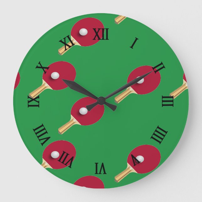 Table tennis racket and ball on green large clock (Front)