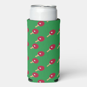 Table tennis racket and ball on green seltzer can cooler