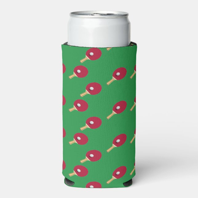Table tennis racket and ball on green seltzer can cooler (Seltzer Front)