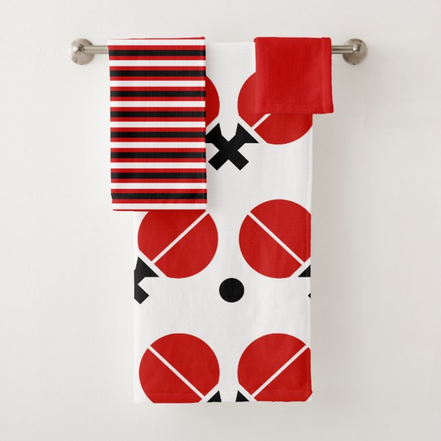 Table tennis rackets and ball in black, red bath towel set (Insitu)