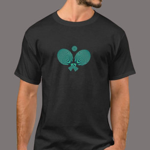Table tennis rackets and ball in teal blue T-Shirt