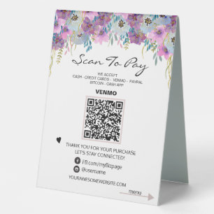 *~* Table Tent PAY + MENU QR code Tabletop FLORAL