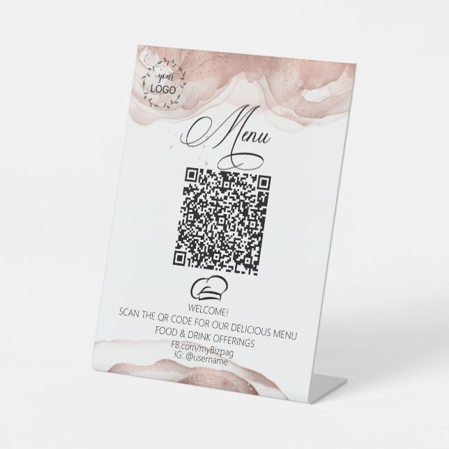 *~*Table Tent tabletop Rose Gold Eatery Logo QR Pedestal Sign (Front)