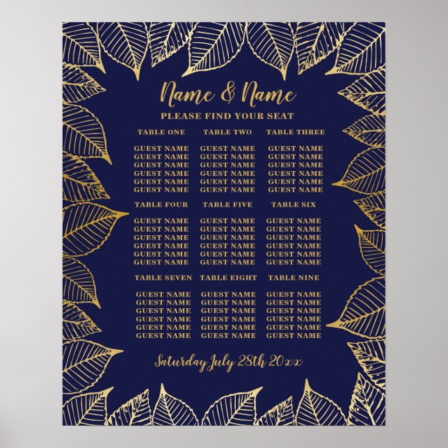 Table Wedding Poster Seating Gold 9 Seating Plan (Front)