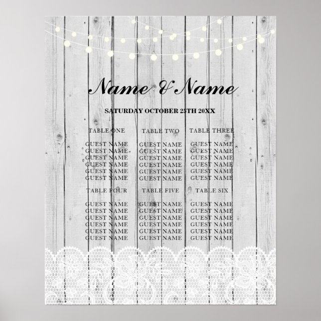 Table Wedding Rustic Lace Grey Wood Poster Seating (Front)