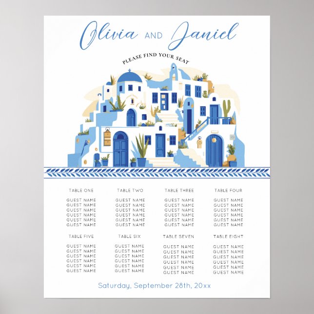 Table Wedding Seating 8 Santorini Greece Blue Poster (Front)