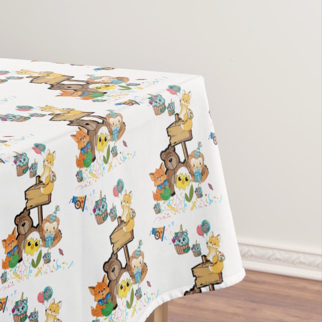 Tablecloth, Happy Birthday Teddy Bear Fox Chicks  Tablecloth (In Situ)