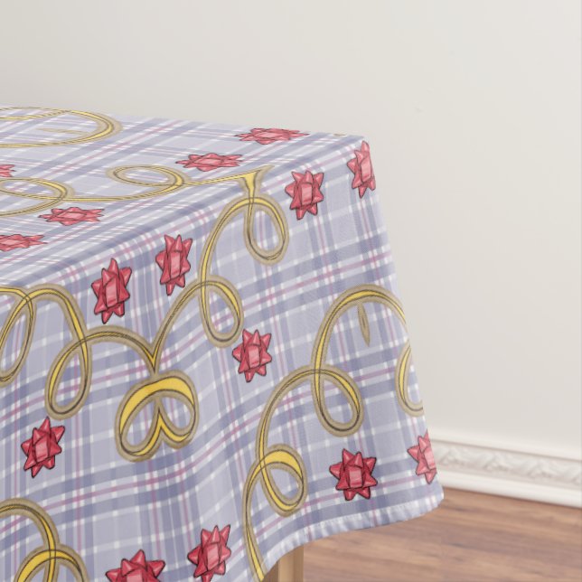 Tablecloth, Merry Christmas Blue Plaid Red Bows Tablecloth (In Situ)