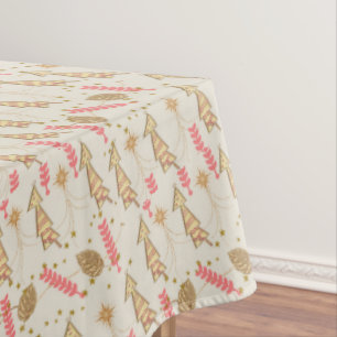 Tablecloth, Merry Christmas Gold Trees Beige  Tablecloth
