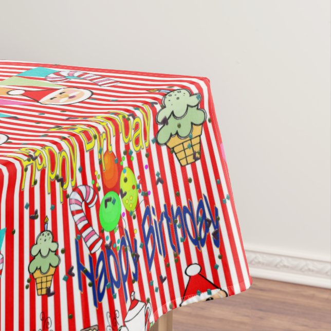 Tablecloth, Merry Christmas Stripe Happy Birthday Tablecloth (In Situ)