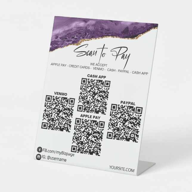 *~* Tabletop 4 QR PAYMENTS Table Tent Amethyst Pedestal Sign (Front)