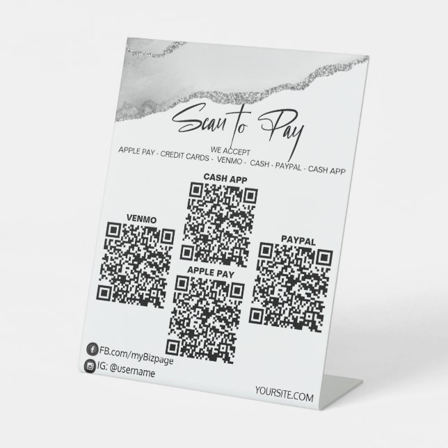 *~* Tabletop 4 QR PAYMENTS Table Tent SILVER AGATE Pedestal Sign (Front)