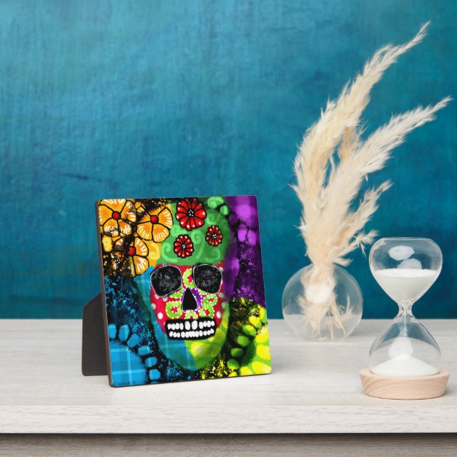Tabletop Plaque Halloween Sugar Skull Abstract Art (Insitu)