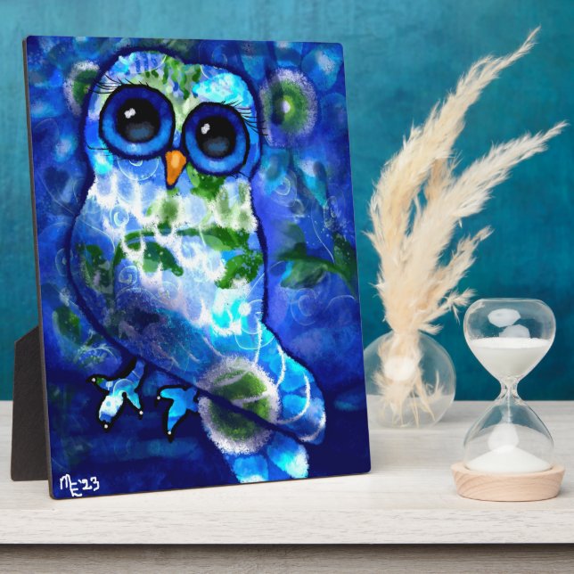Tabletop Plaque Whimsical Abstract Owl Blue Green (Side)