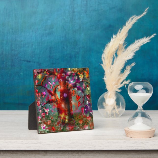 Tabletop Plaque Whimsical Abstract Tree Red Teal (Insitu)